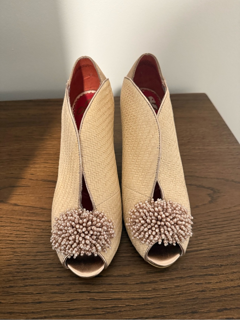 Poetic License Woven Rattan Peep-Toe Womens Heels with Beaded Pom Detail